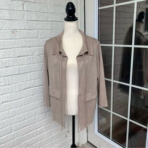 SHAN Womans Faux Suede Light Weight Taupe Front Tie Collared Jacket size 6